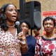 Del. Stacey Plaskett of the U.S. Virgin Islands and Rep. Yvette Clarke (D-N.Y.) address attendees at the Caribbean Day Party and hurricane-relief fundraiser, part of Congressional Black Caucus Week. (Kenya Downs)